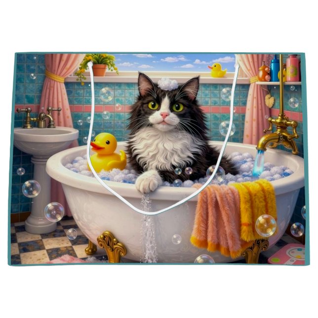 Badezeit, Katze  Große Geschenktüte (Vorderseite)