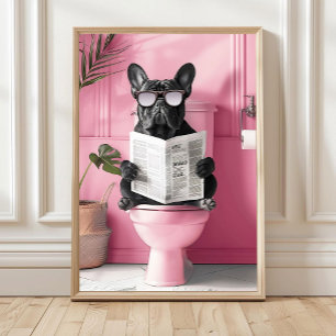 Badezimmer Blau Französische Bulldogge auf Toilett Poster