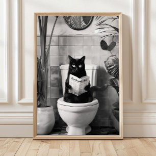Badezimmer-Katze Druck lesen auf Toilette Schwarz Poster