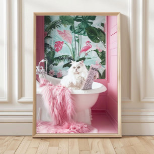 Badezimmer Weiße Katze in Badewanne Druck, Lustige Poster