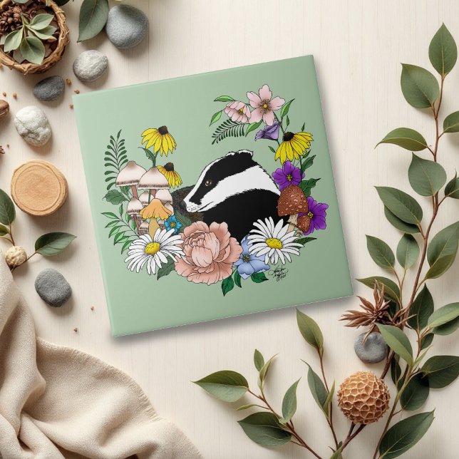 Badger Wild Blume Mushrooms Green Fliese (Von Creator hochgeladen)