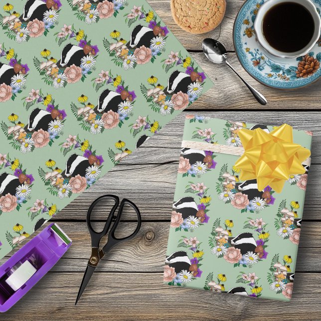 Badger Wild Blume Mushrooms Green Geschenkpapier (Von Creator hochgeladen)