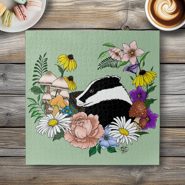 Badger Wild Blume Mushrooms Green Puzzle (Von Creator hochgeladen)