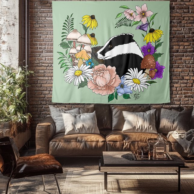 Badger Wild Blume Mushrooms Green Wandteppich (Von Creator hochgeladen)