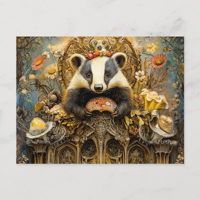Badgers auf einem Pilztruhron in einer Fantasiewel Postkarte (Vorderseite)