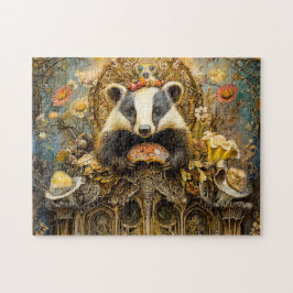 Badgers auf einem Pilztruhron in einer Fantasiewel Puzzle