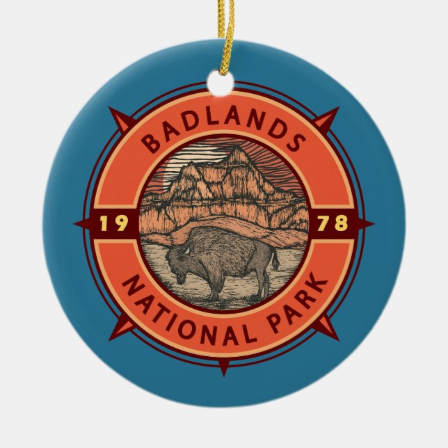 Badlands Nationalpark Buffalo Retro Kompass Keramik Ornament (Vorne)
