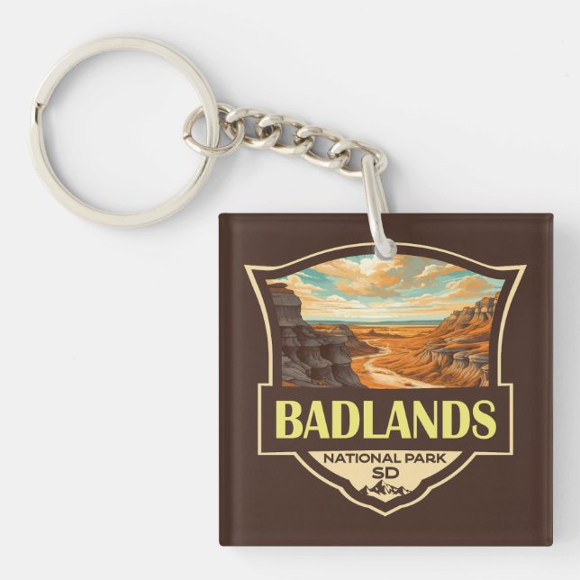 Badlands Nationalpark Illustration Retro Schlüsselanhänger (Vorderseite)