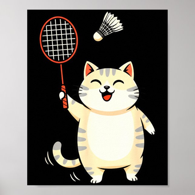Badminton Cat Cartoon Art, Funny Cat Design For Ca Poster (Vorne)