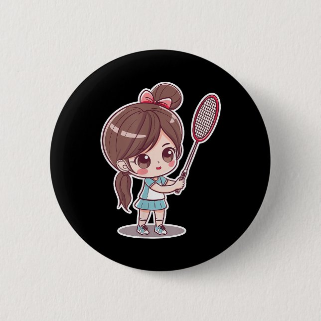 Badminton Mädchen Comic Style Federball Spiel für  Button (Vorderseite)