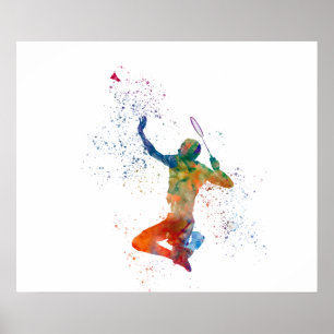 Badminton-Spieler in Aquarellfarbe Poster