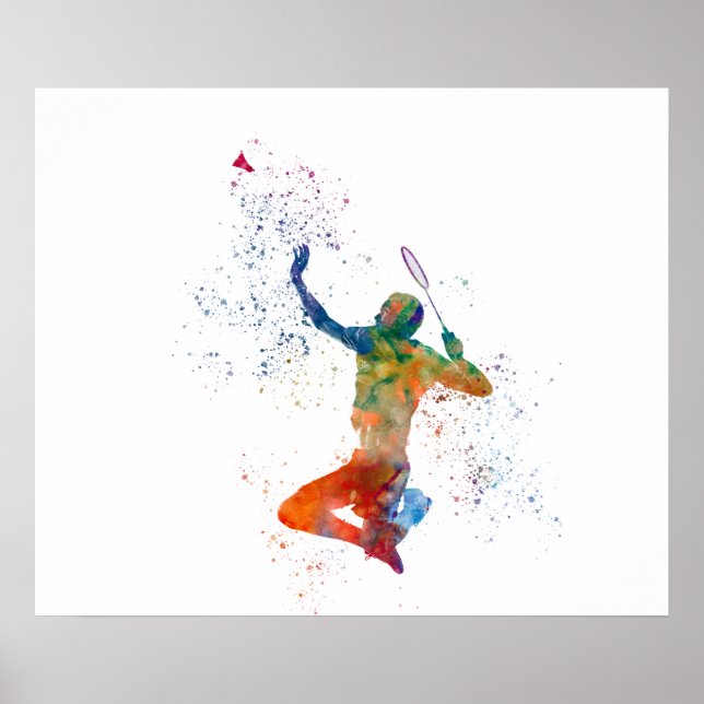 Badminton-Spieler in Aquarellfarbe Poster (Vorne)