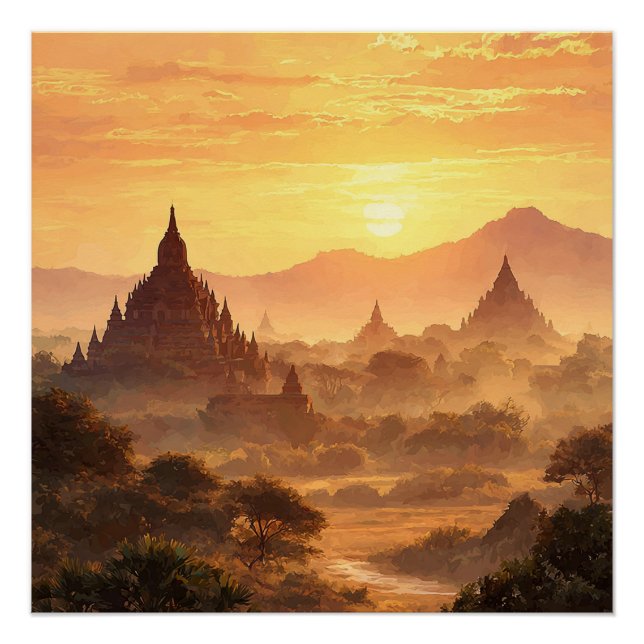 Bagan Myanmar Trockene Wüste Mit Tempeln Vintage  Poster (Vorderseite)