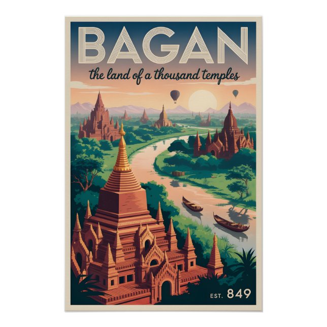 Bagan Myanmar Vintage Reiseposter | Tempelkunst Poster (Vorderseite)
