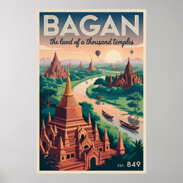 Bagan Myanmar Vintage Reiseposter | Tempelkunst Poster (Vorne)