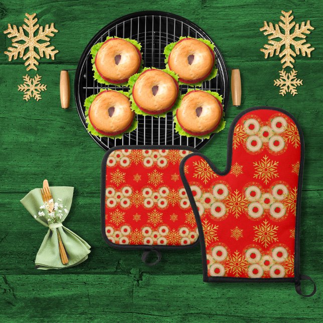 Bagel-Ringe und hübsche Schneeflocken rot Ofenhandschuh & Topflappen-Set (Von Creator hochgeladen)