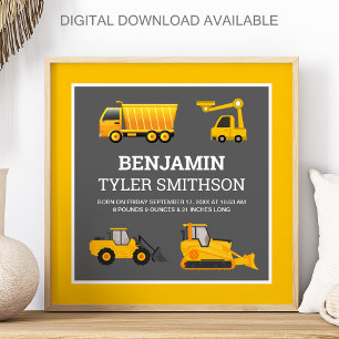 Bagger-Dump-Truck-Bau-Baby-Geburtsstatistik Poster