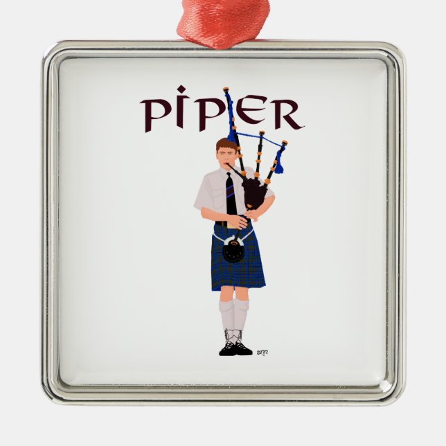 Bagpiper - Blue Kilt Silbernes Ornament (Vorne)