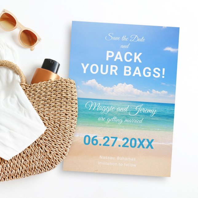 Bags-Hochzeit in Urlaubsort Save the Date packen Einladung (Von Creator hochgeladen)
