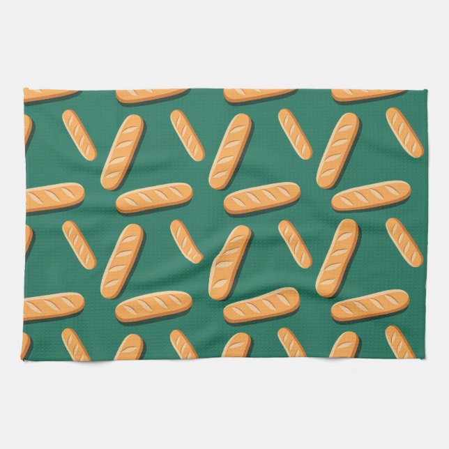 Baguette-Brotmuster auf grünem Hintergrund Geschirrtuch (Horizontal)
