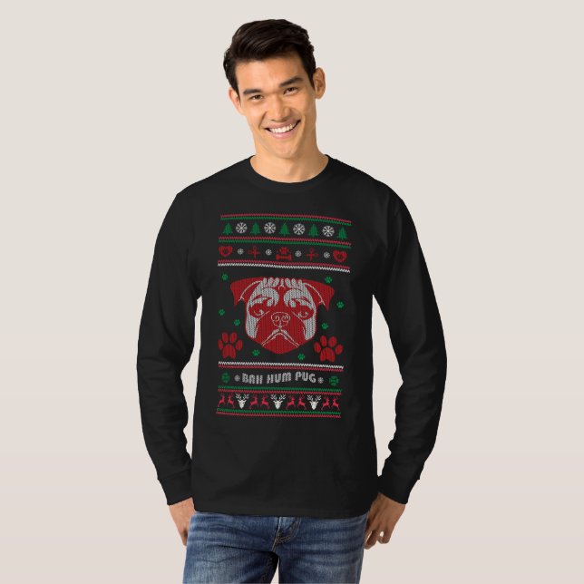 Bah Summen-Mops hässliches Strickjacke-Weihnachten T-Shirt (Vorne ganz)