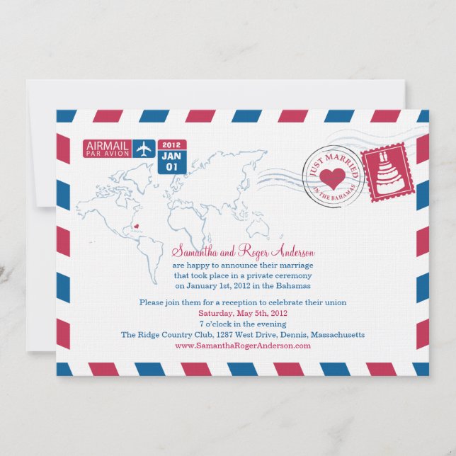 Bahama Air Mail Post Hochzeitsempfang Einladung (Vorderseite)