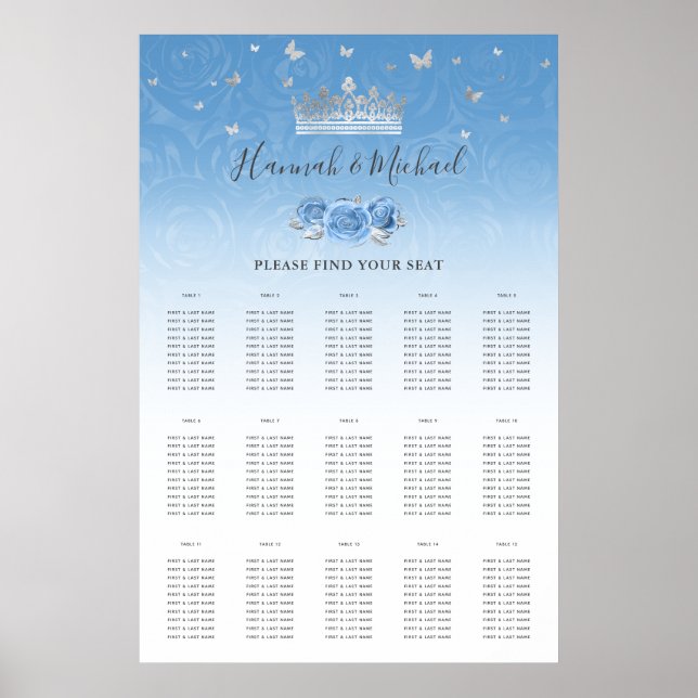 Bahama Blue und Silver Crown Floral Seating Charts Poster (Vorne)