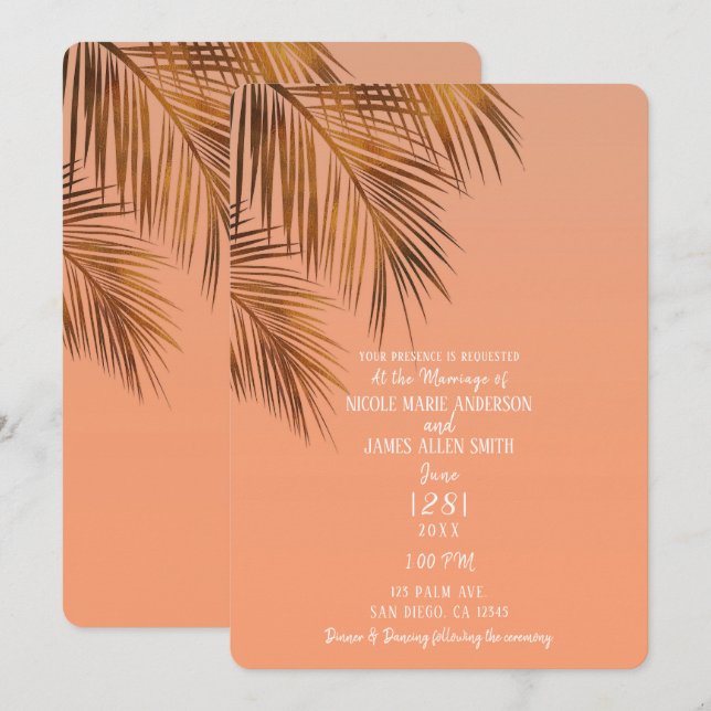 Bahama Breeze Bronze Palm Coral Peach Wedding Einladung (Vorne/Hinten)