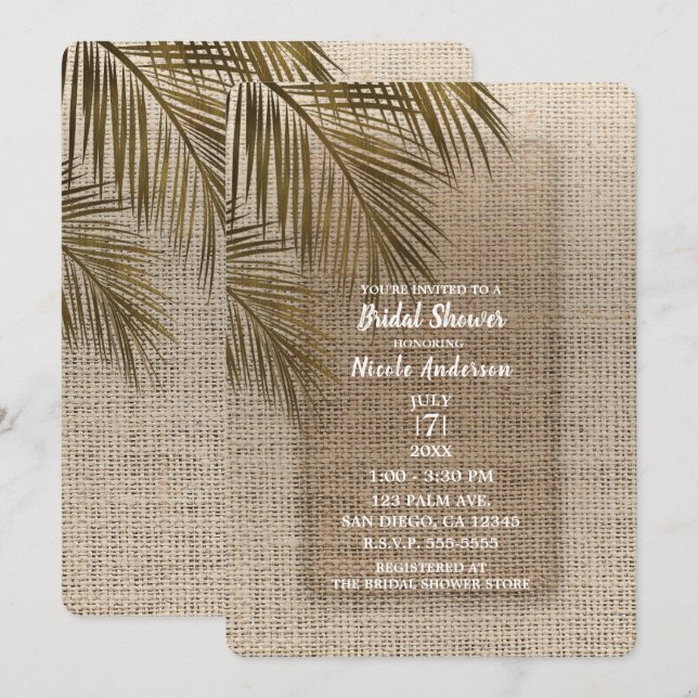 Bahama Breeze Bronze Palm Rustic Burlap Bridal Einladung (Vorne/Hinten)