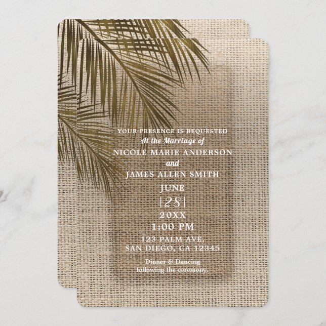 Bahama Breeze Bronze Palm Rustic Burlap Wedding Einladung (Vorne/Hinten)