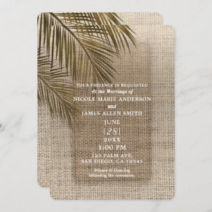 Bahama Breeze Bronze Palm Rustic Burlap Wedding Einladung