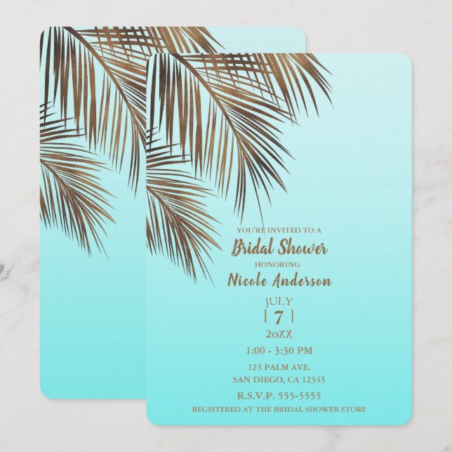 Bahama Breeze Copper Palm Aqua Blue Brautparty Einladung (Vorne/Hinten)