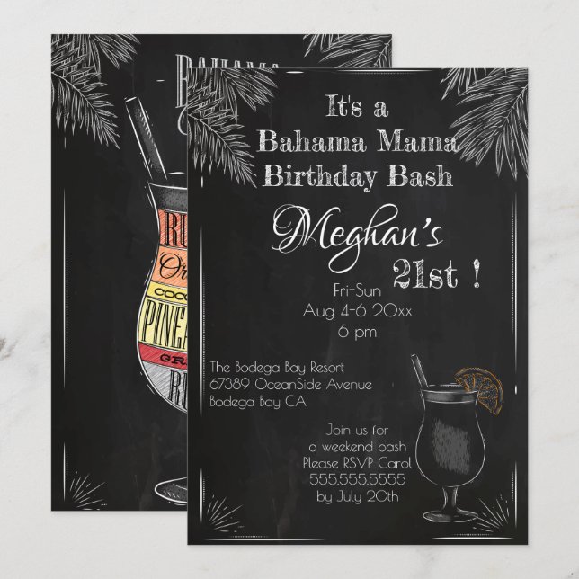 Bahama Mama Vintag Chalk 21. Geburtstag Bash Einladung (Vorne/Hinten)
