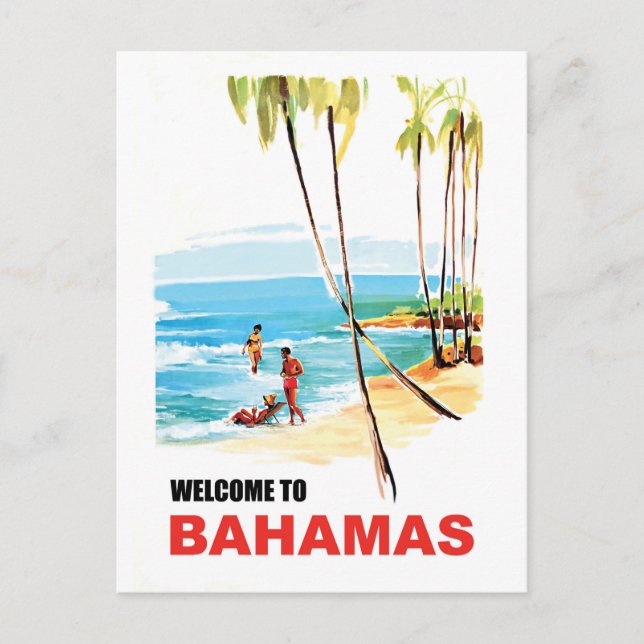 Bahamas, junge Leute am Strand und Palmen Postkarte (Vorderseite)