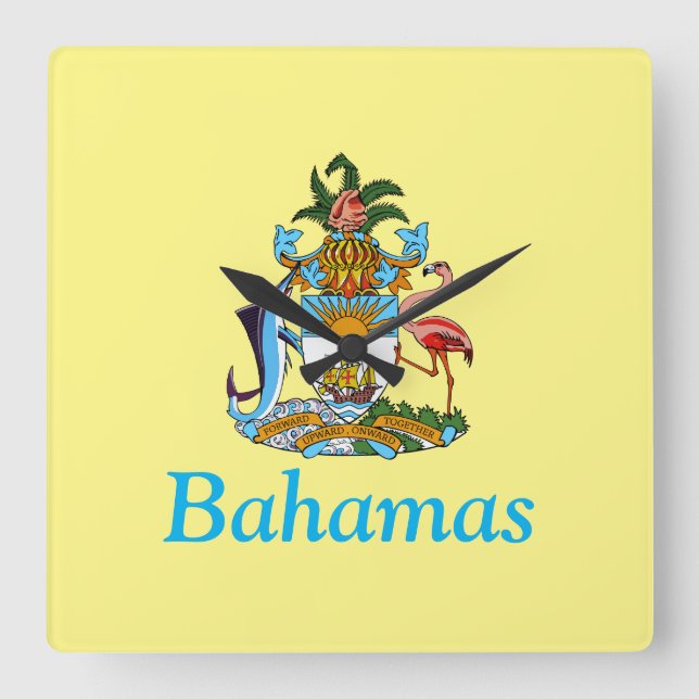 Bahamas mit Wappen (Karibisches Paradies) Quadratische Wanduhr (Vorderseite)