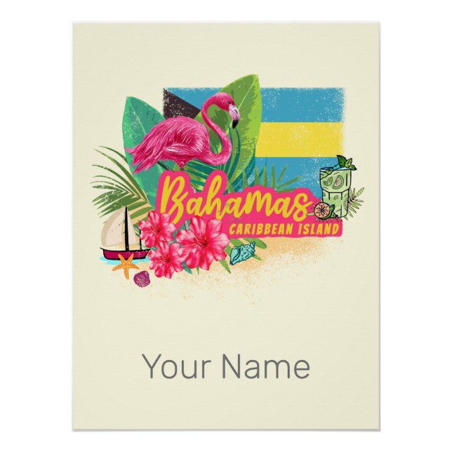 Bahamas Retro-Karibikinsel Flamingo Vintag Poster (Vorderseite)