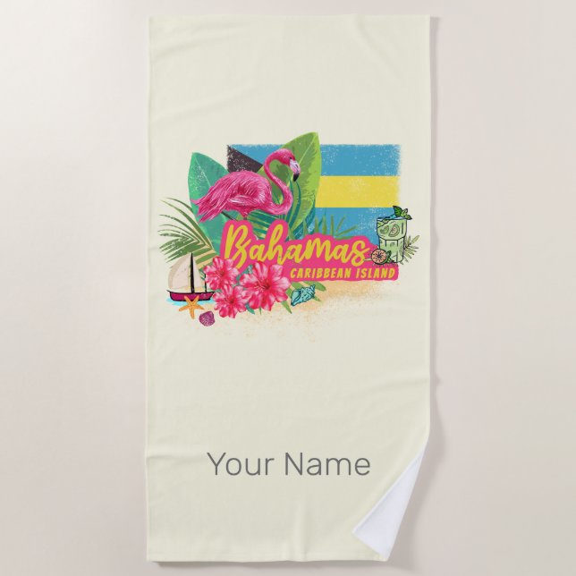 Bahamas Retro-Karibikinsel Flamingo Vintag Strandtuch (Vorderseite)