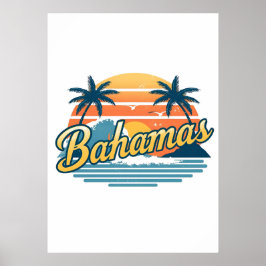Bahamas Retro Sunset Palm Trees Design Poster
