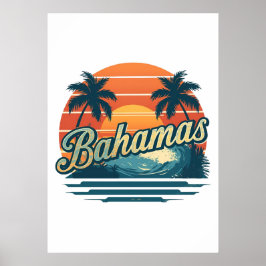 Bahamas Retro Sunset Palm Trees Design Poster