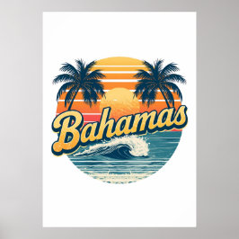 Bahamas Retro Sunset Palm Trees Design Poster