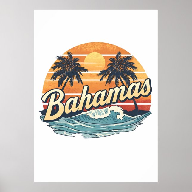Bahamas Retro Sunset Palm Trees Design Poster (Vorne)