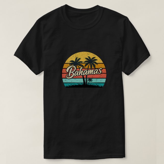 Bahamas-Sonnenuntergang Retro-Palm T-Shirt (Design vorne)