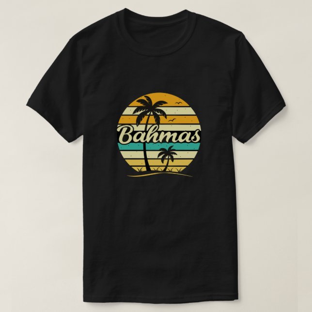 Bahamas-Sonnenuntergang Retro-Palme T-Shirt (Design vorne)