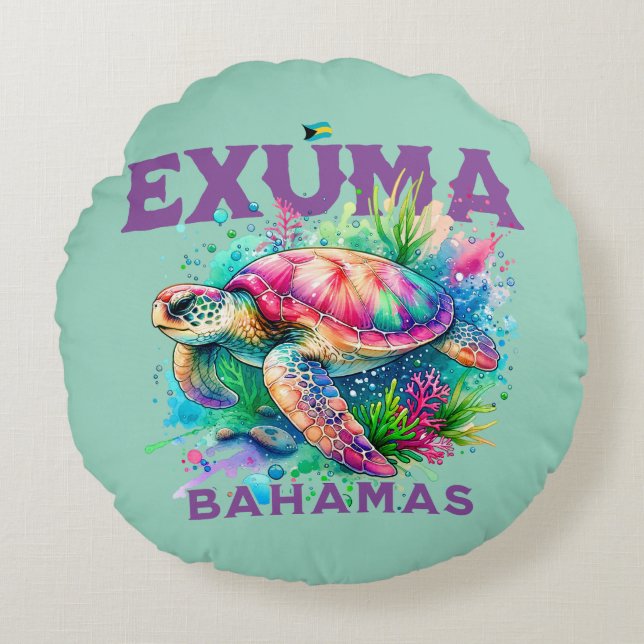 Bahamas Souvenir Geschenk: Exuma Bahamas Sea Turtl Rundes Kissen (Vorderseite)
