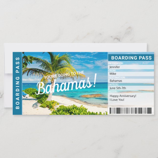 Bahamas Überraschungsreise Boarding Pass Geschenkg (Vorderseite)