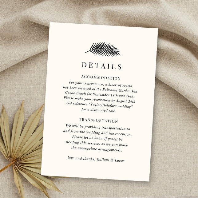 Bahia Minimal Palm Leaf Wedding Details Begleitkarte (Von Creator hochgeladen)