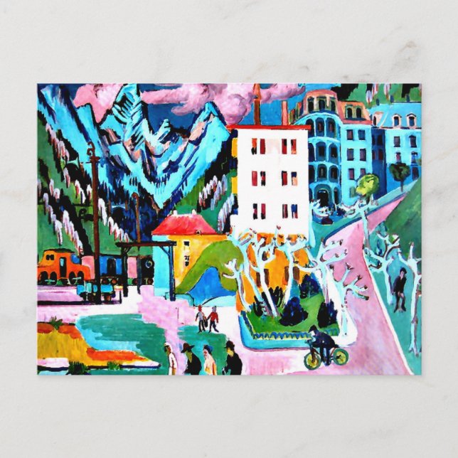 Bahnhof Davos, Ernest Ludwig Kirchner Gemälde Postkarte (Vorderseite)