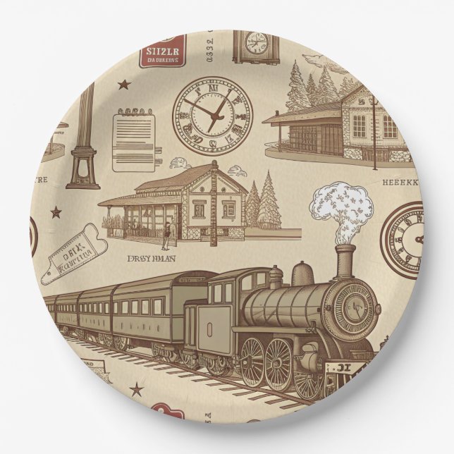 Bahnhof-Muster im Vintage-Stil (1) Pappteller (Vorderseite)