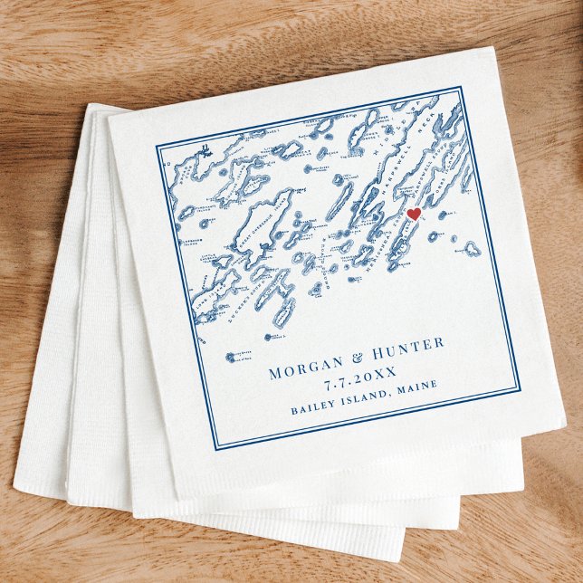 Bailey Island Maine Casco Bay Karte Hochzeit Serviette (Bailey Island Maine Map Napkins for an elegant navy blue Casco Bay Wedding by Coastal Map Designs)