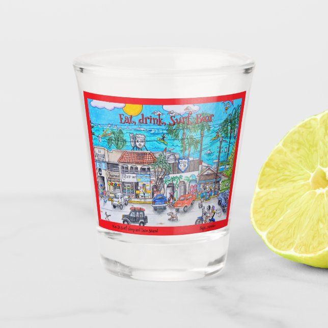 Baja Surf Shop und Taco Stand Schnapsglas (Vorderseite)